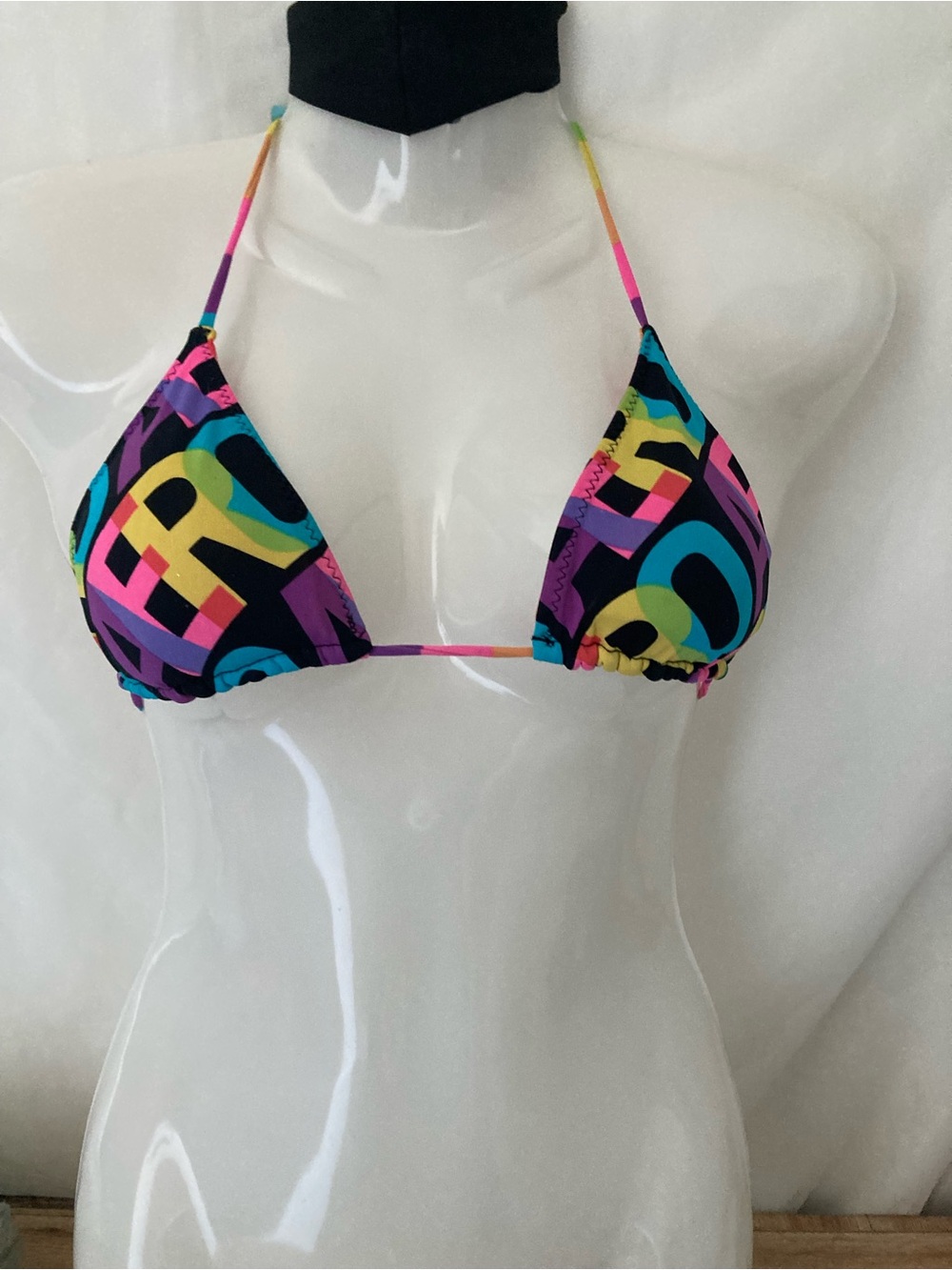 Colorful Graphic Triangle Bikini Top Y2K Festival Swimwear Size S